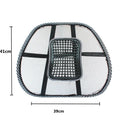 Black car lumbar support pillow with steel wire frame measuring 41cm by 39cm