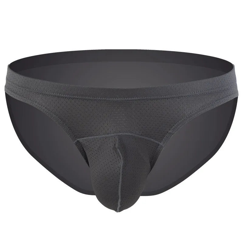 Men's transparent loose-fit nylon underwear in blue, black, white, grey, and sky blue.
