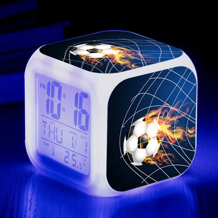 Square football pattern alarm clock with plastic casing and cartoon design for student use