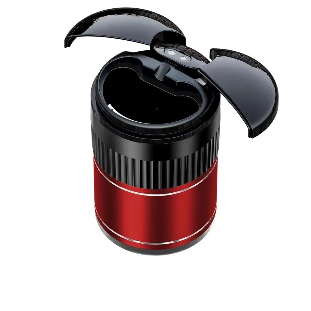 Black metal smart car ashtray with lid, showing compact 113mm size for cup holders.