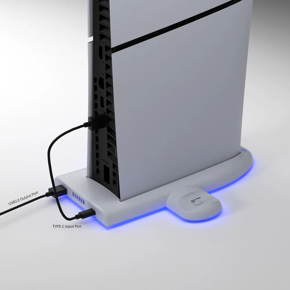 White PS5 Slim charging station with cooler fan and RGB ambient lighting on charging dock