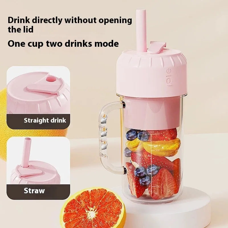 Portable USB rechargeable juicer in cherry blossom pink or avocado green with multiple blade options