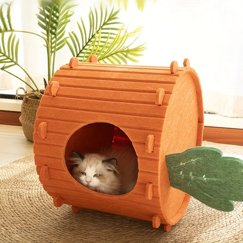 Grey felt cat tunnel with a semi-enclosed drilled design, shown in medium and large size options.