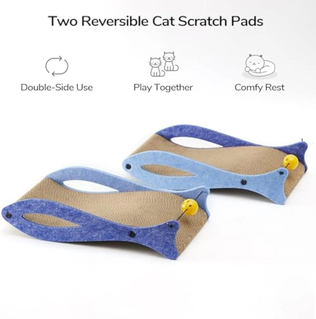 Blue fish-shaped cardboard cat scratcher lounge with bell ball toys on an elastic cord.