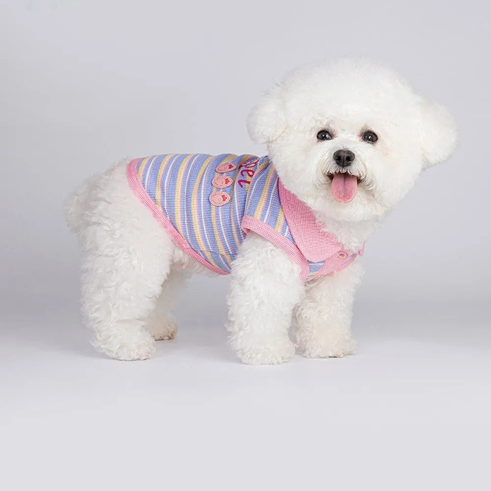 Pink purple dog autumn vest shown on a small dog, with size chart for XXS to XXL.