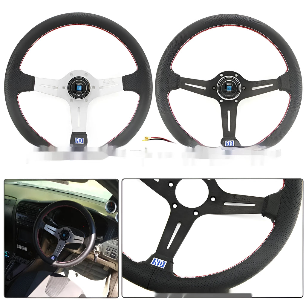 Leather 14-inch steering wheel with concave centre design, black skeleton frame option