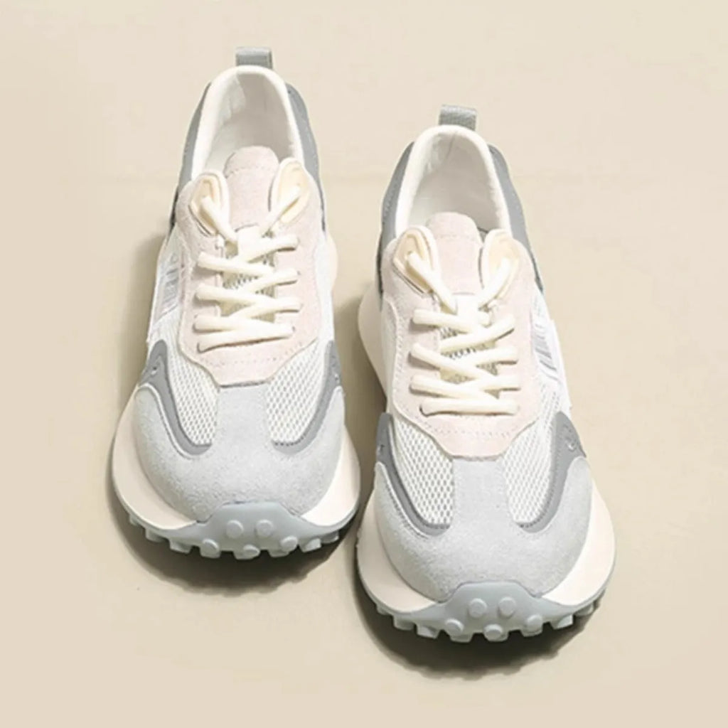 Women's grey and pink retro sneakers with low-top flat heel design and mesh lining