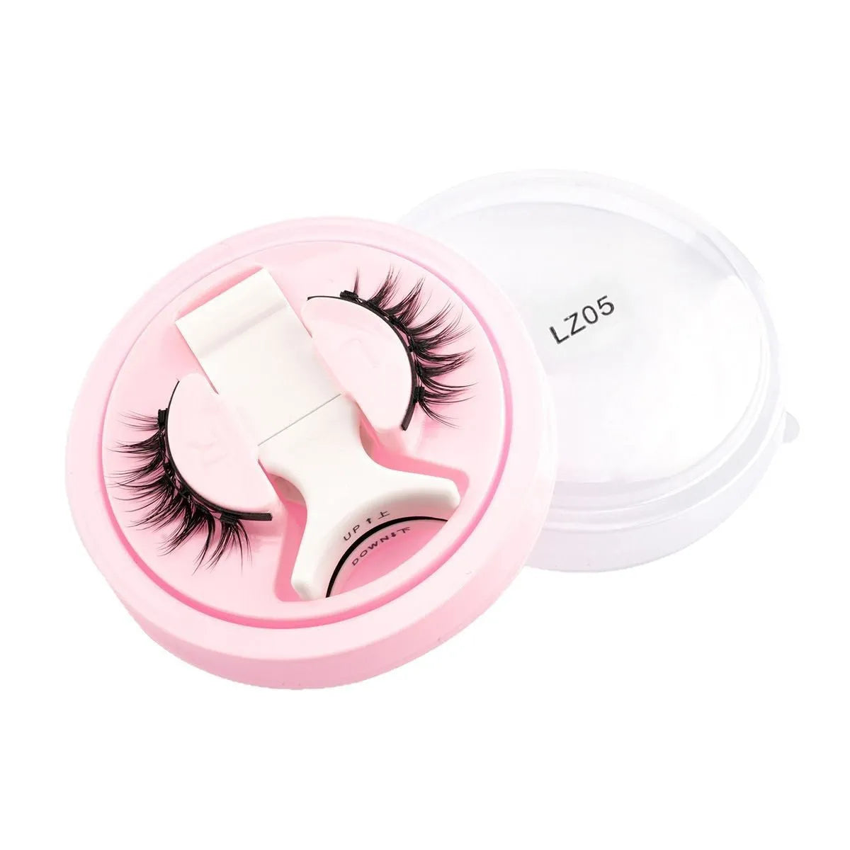Set of reusable waterproof false eyelashes with thick artificial fibre strands and a flexible glue-free band.