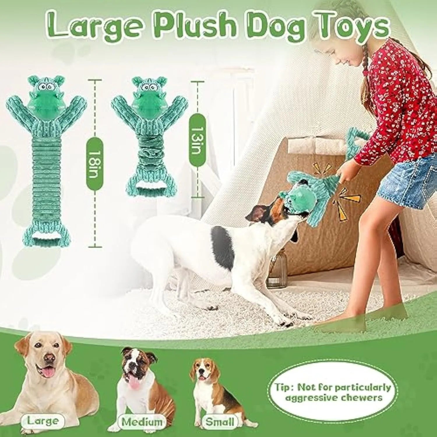 Large plush squeaky dog toy with a handle for tug of war, shown in a hippo design.