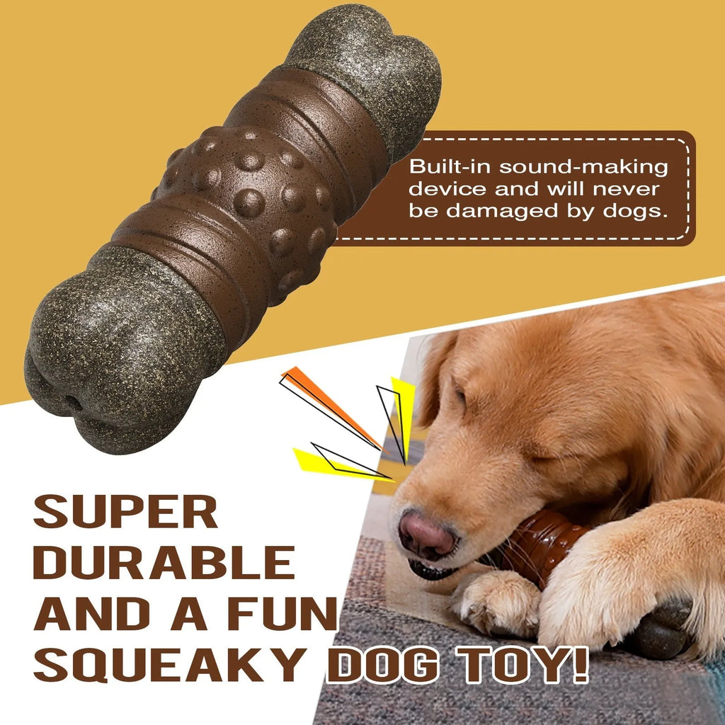 Wood colour plastic dog dental toy shaped like a bone with textured cleaning surfaces