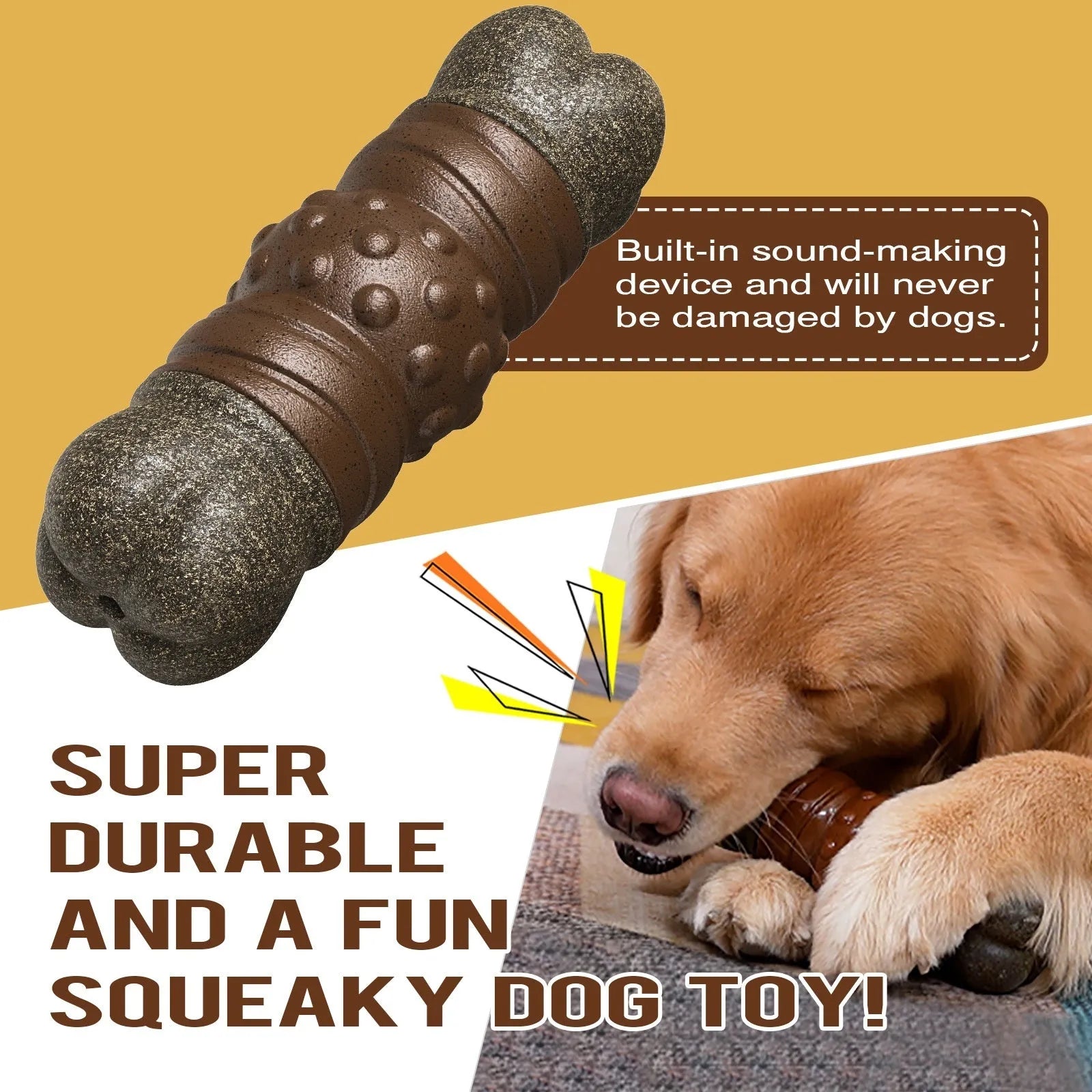 Wood colour plastic dog dental toy shaped like a bone with textured cleaning surfaces