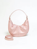 Women's soft cowhide leather shoulder bag in dumpling shape showing double straps and sandwich pocket.