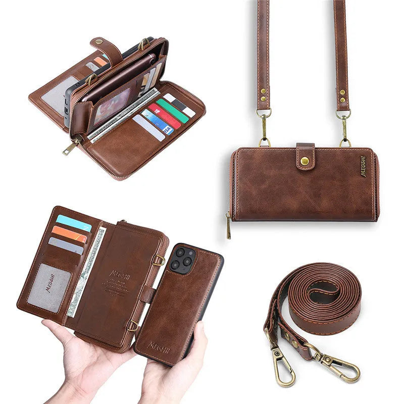 Detachable wallet backpack phone case with leather flip cover for iPhone and Samsung devices