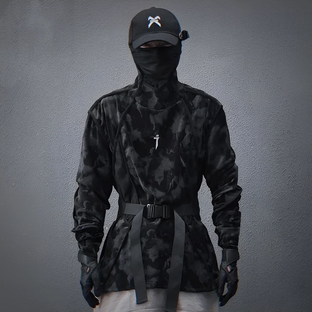 Men's black tie-dye printed pullover sweater with turtleneck collar and drop-shoulder sleeves