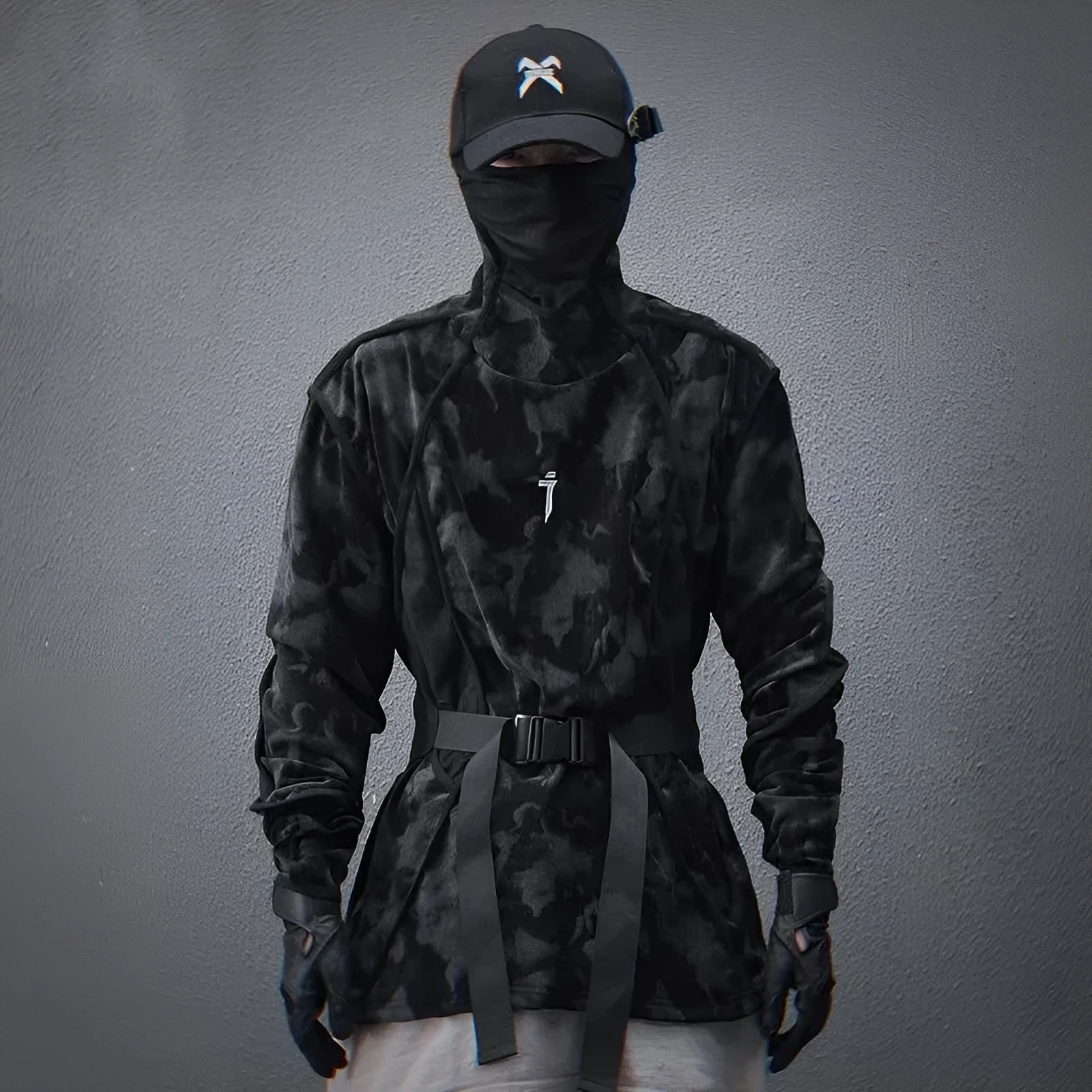 Men's black tie-dye printed pullover sweater with turtleneck collar and drop-shoulder sleeves