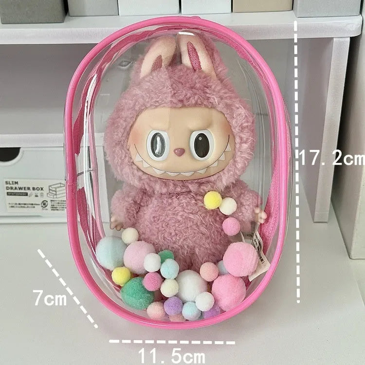 Transparent PVC cube storage bag for cotton dolls with keychain in multiple colour options