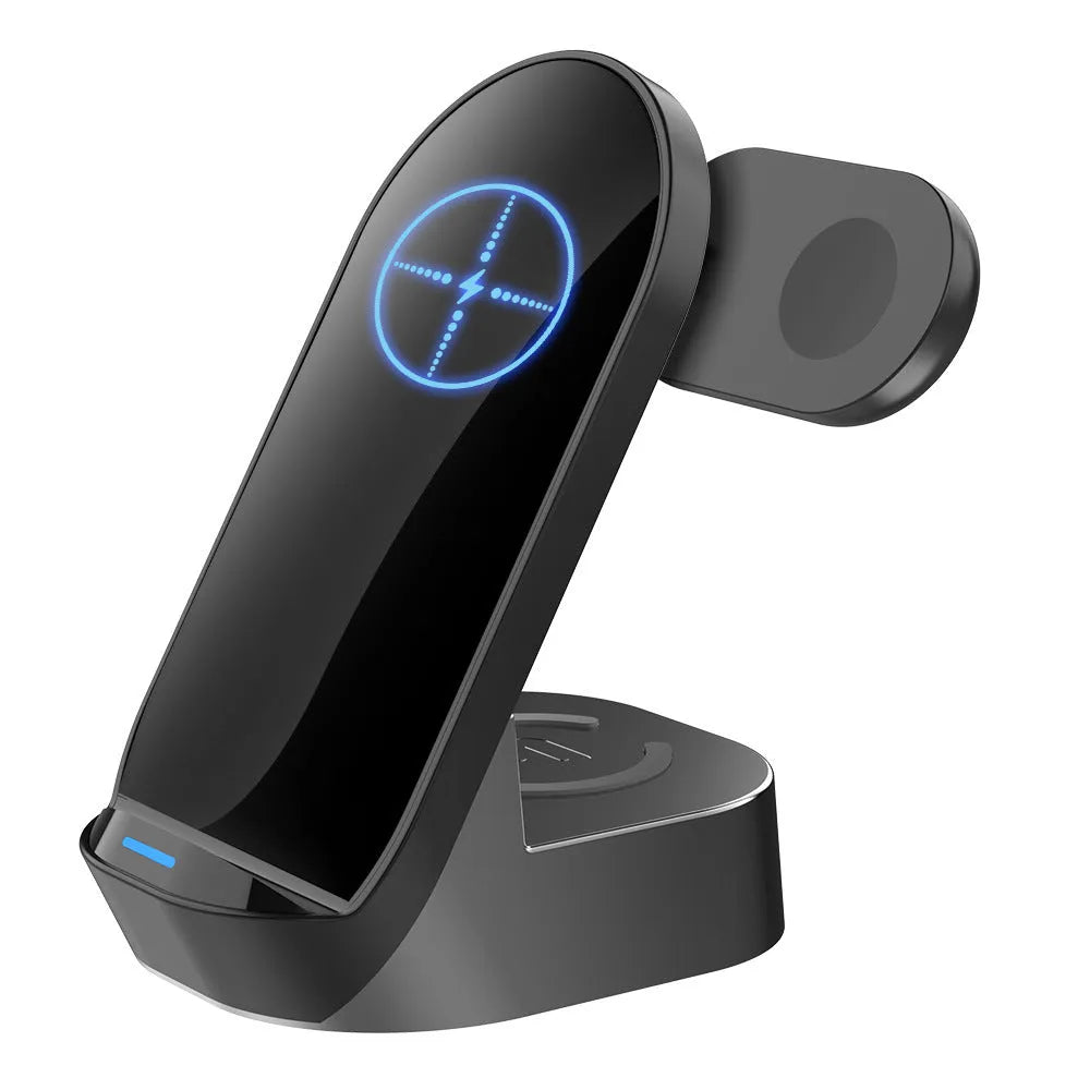 Black grey foldable 3-in-1 wireless charging stand for phone, watch, and earbuds.