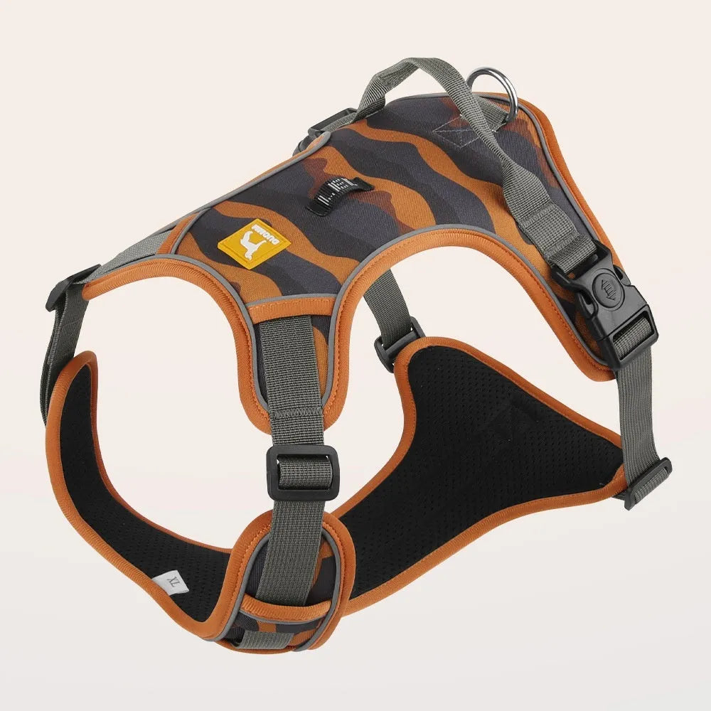Orange reflective dog walking lead with chest and back straps made from Oxford cloth.