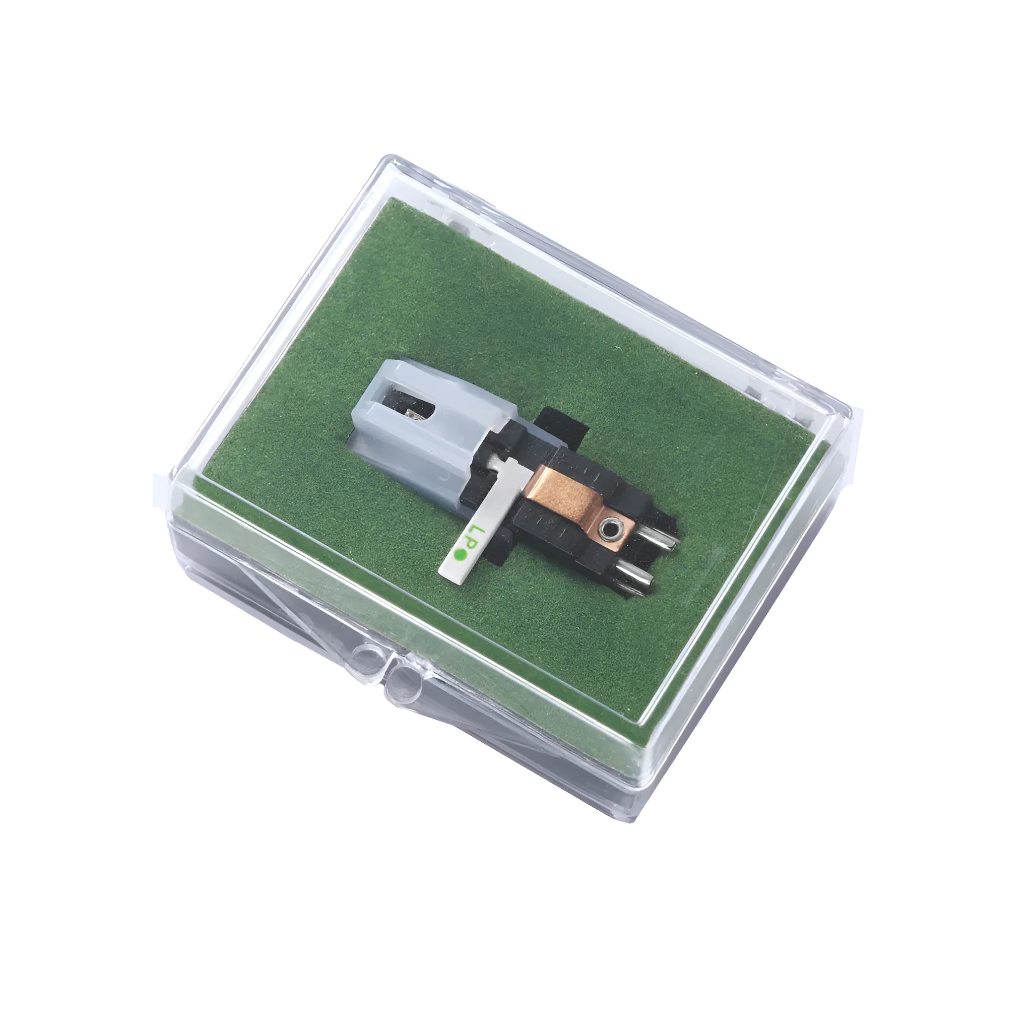 Double needle magnetic record player cartridge with black ABS shell.