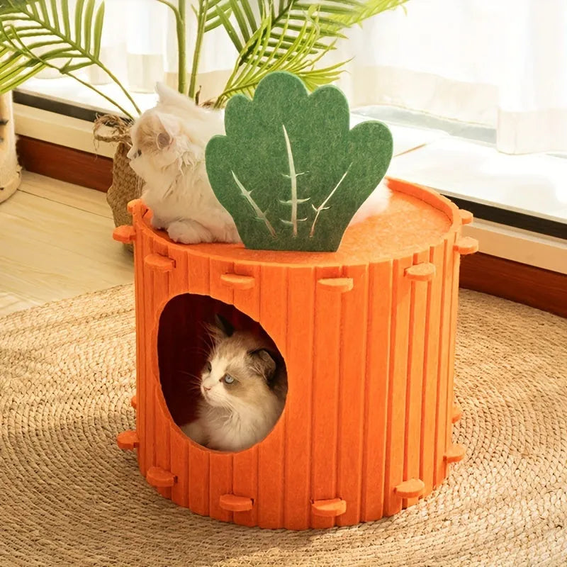 Grey felt cat tunnel with a semi-enclosed drilled design, shown in medium and large size options.