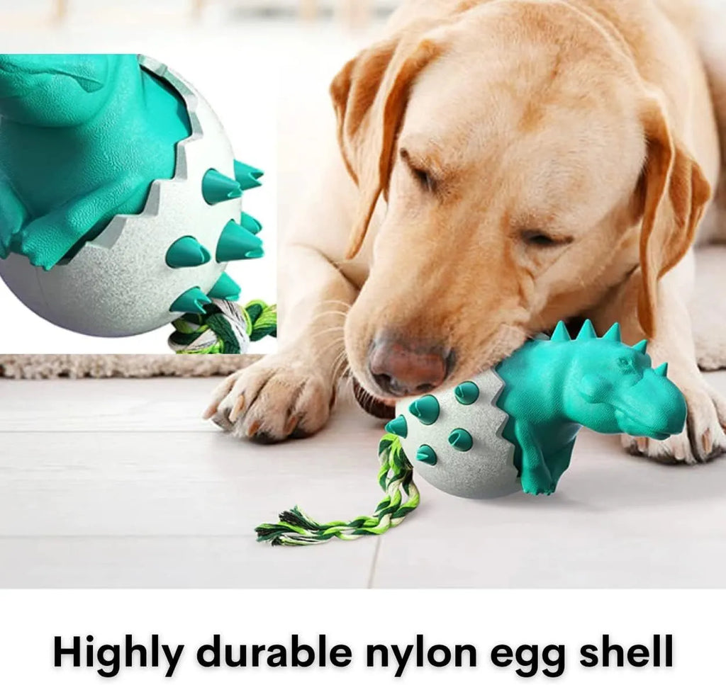 Blue dinosaur-shaped dog chew toy with textured rubber surface and attached nylon rope