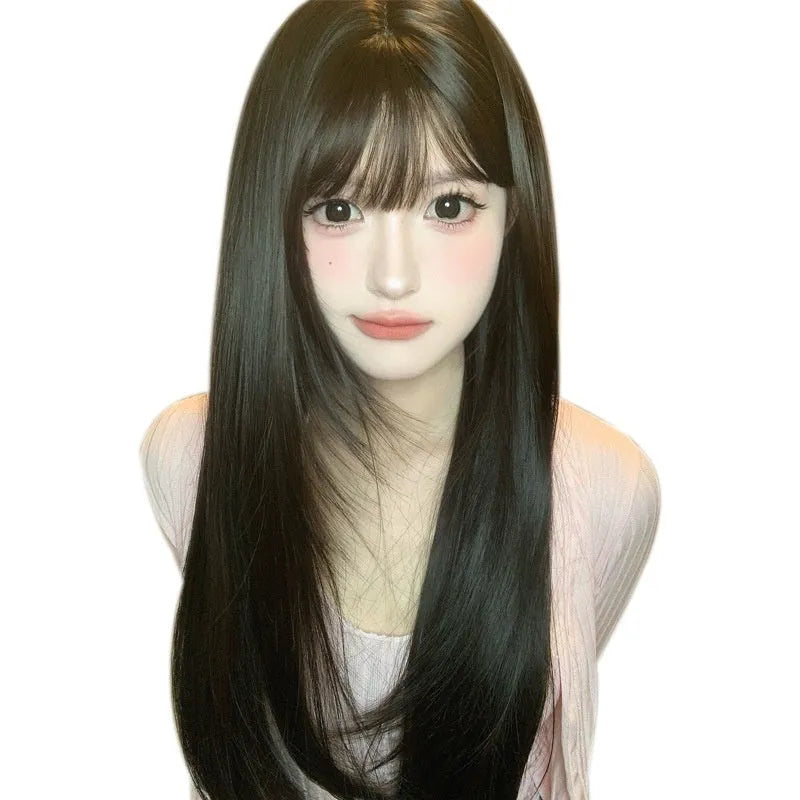 Dark brown long straight synthetic women's wig with bangs for round face shapes