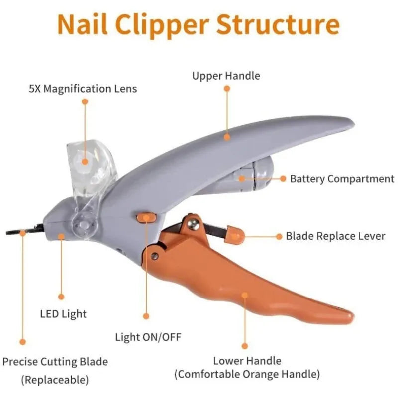 Yellow pet nail clipper with LED light and magnifying lens for dog and cat grooming