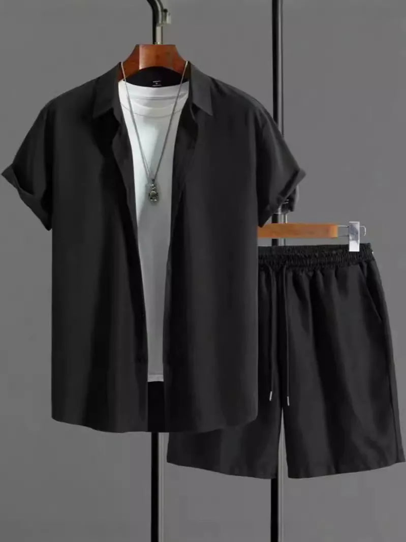 Men's jacquard short sleeve suit two-piece set in black colour with shirt-style jacket and matching shorts