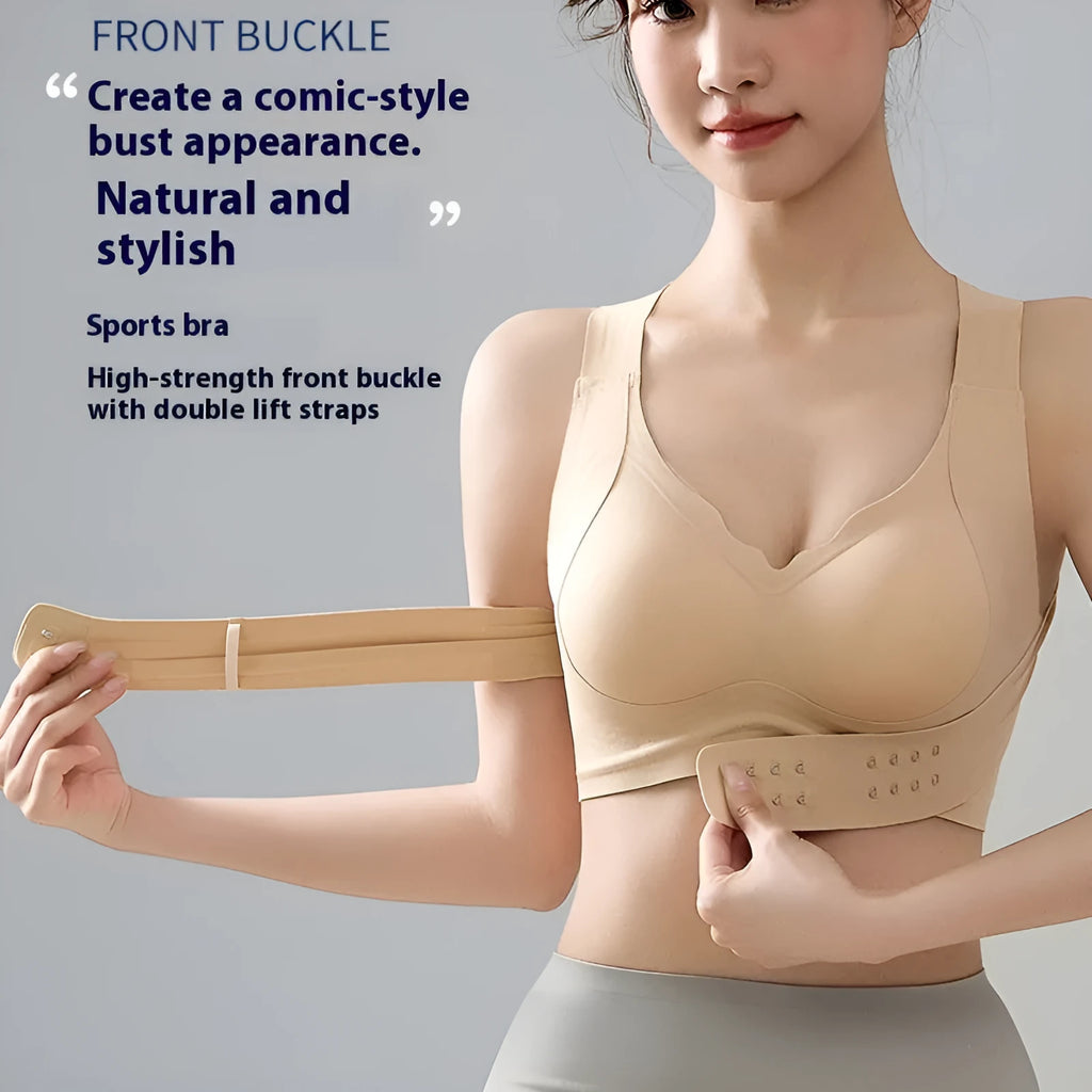 Women's front buckle sports bra with double shoulder straps in black, white and nude colours