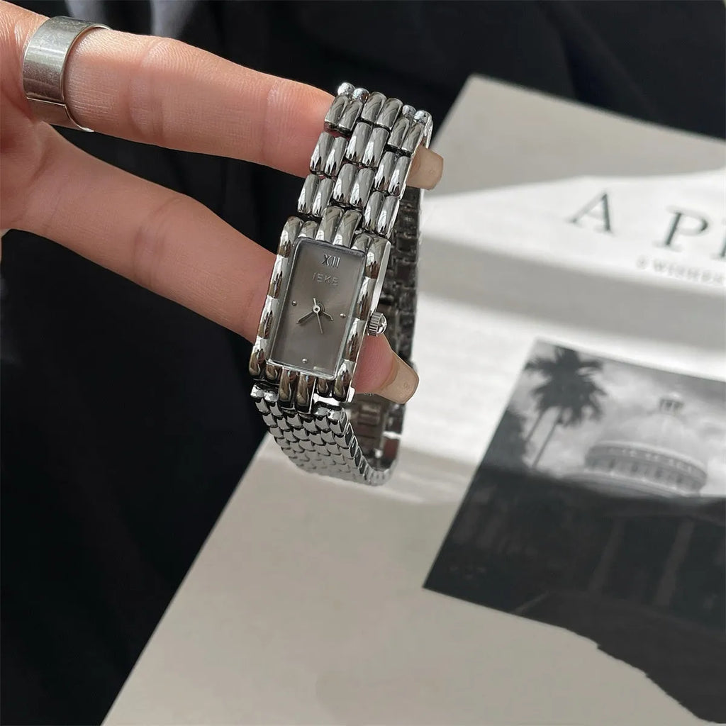 Women's mid-ancient bracelet watch with 7mm thickness and 15mm dial on wrist