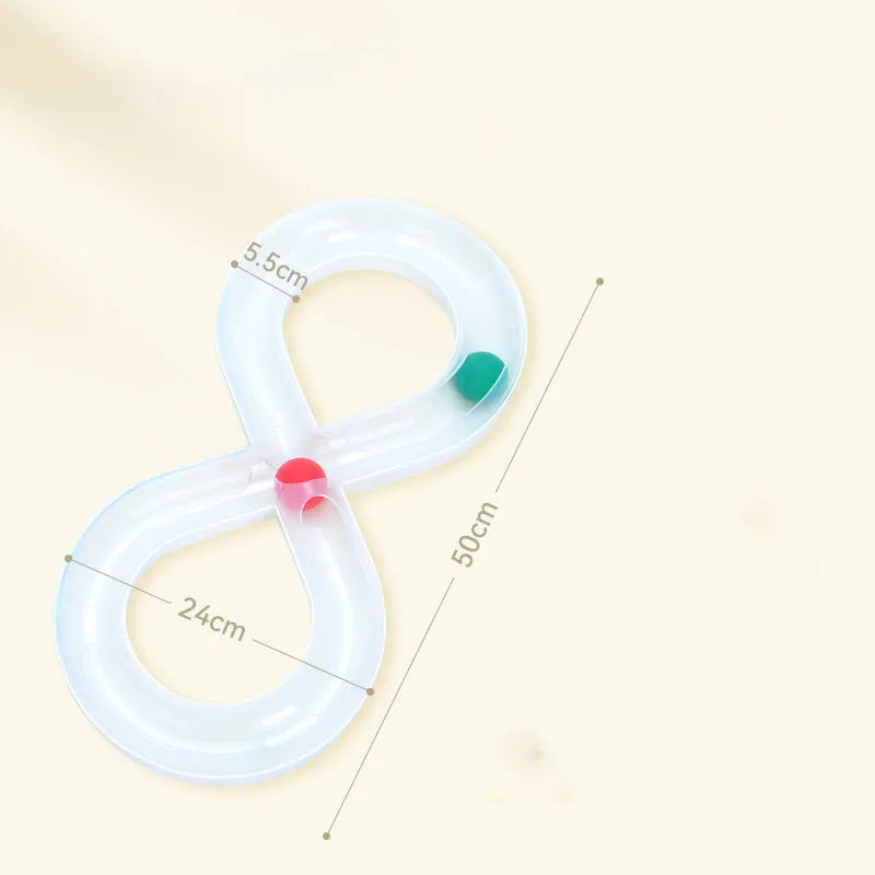 Blue and white cat toy turntable track with ball and teasing stick measuring 50cm length