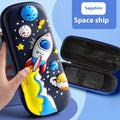 3D leather pencil case with colourful astronaut and spaceship design on a blue background