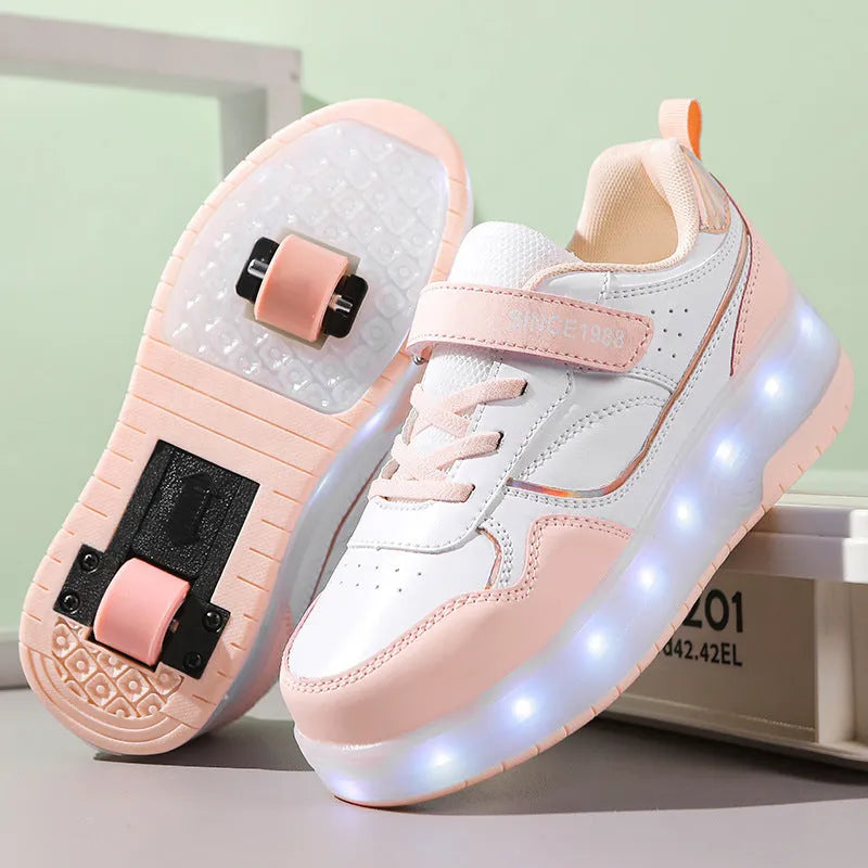 Charging flash rollerskates with LED lights in pink, white, black or purple with two or four wheels