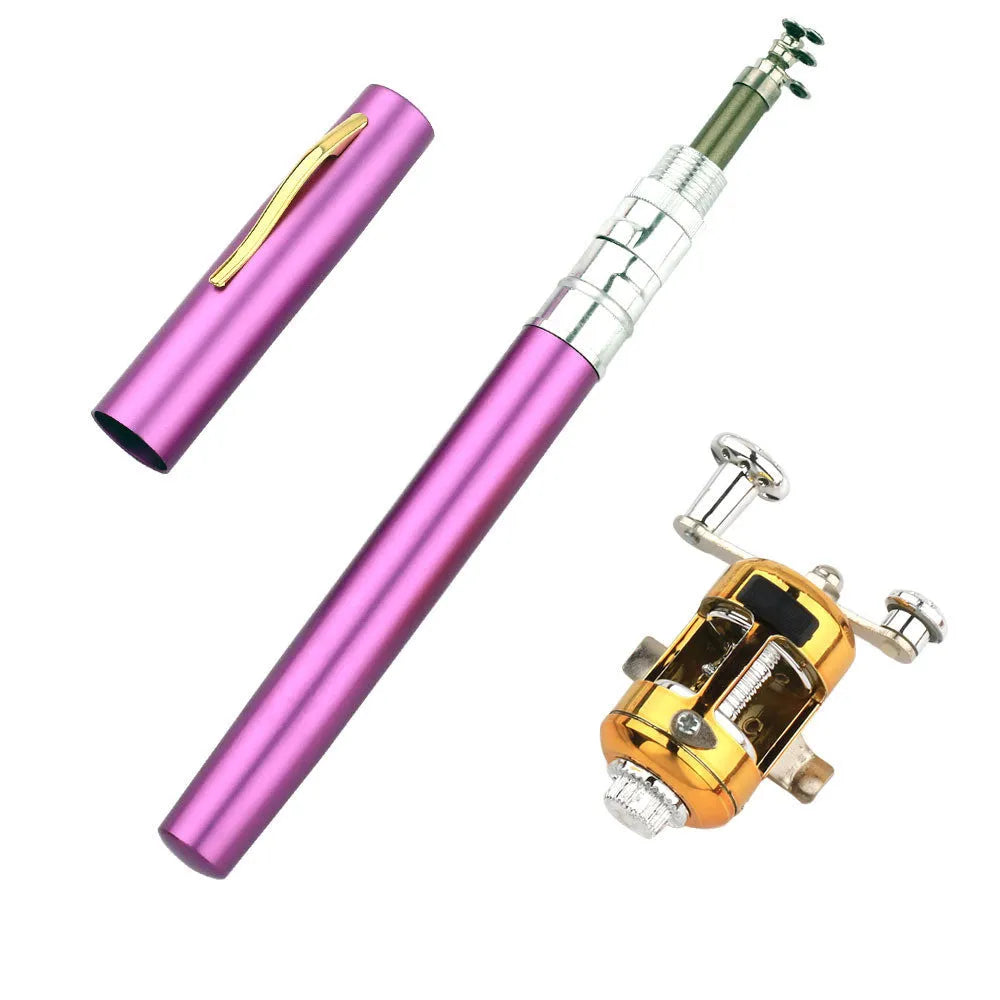 Portable telescopic fishing rod and drum kit in aluminium case, colours include gold, black, silver, red, blue, purple.