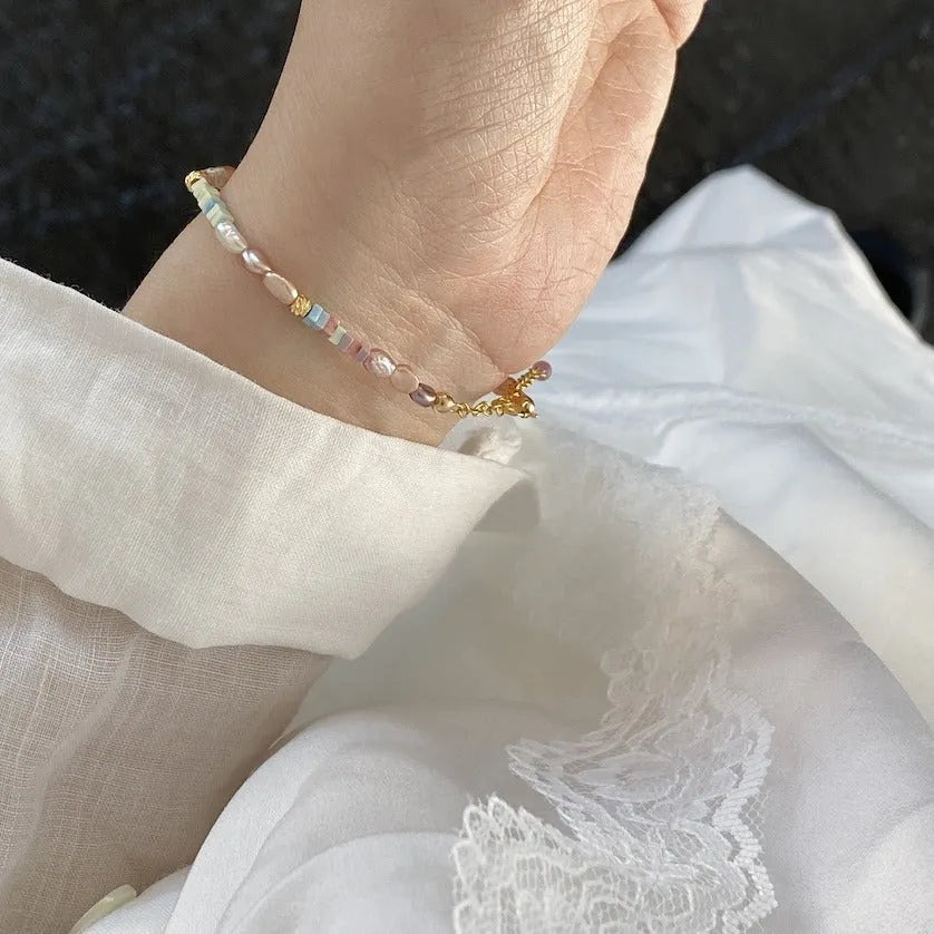 14K gilded purple natural pearl bracelet and necklace set with irregular mini pearls