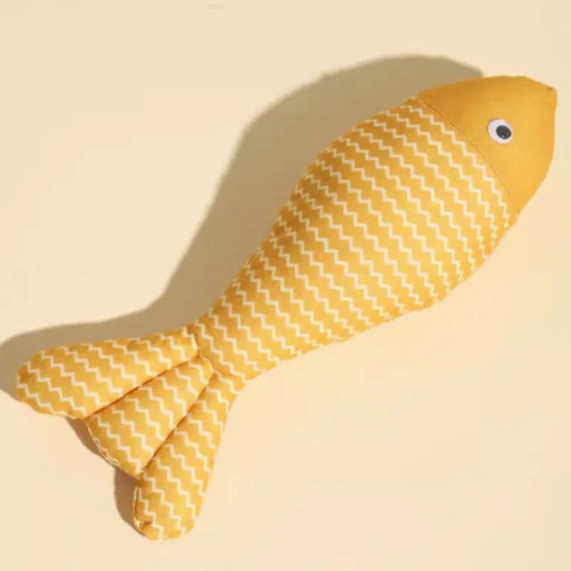 Red, yellow, and blue catnip-filled fish toys in large and medium sizes on a white background.