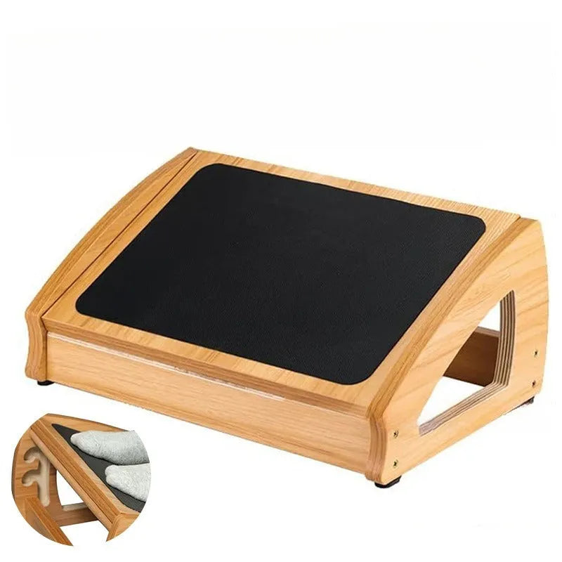 Adjustable bamboo wooden footstool in natural wood colour for office desk ergonomic support