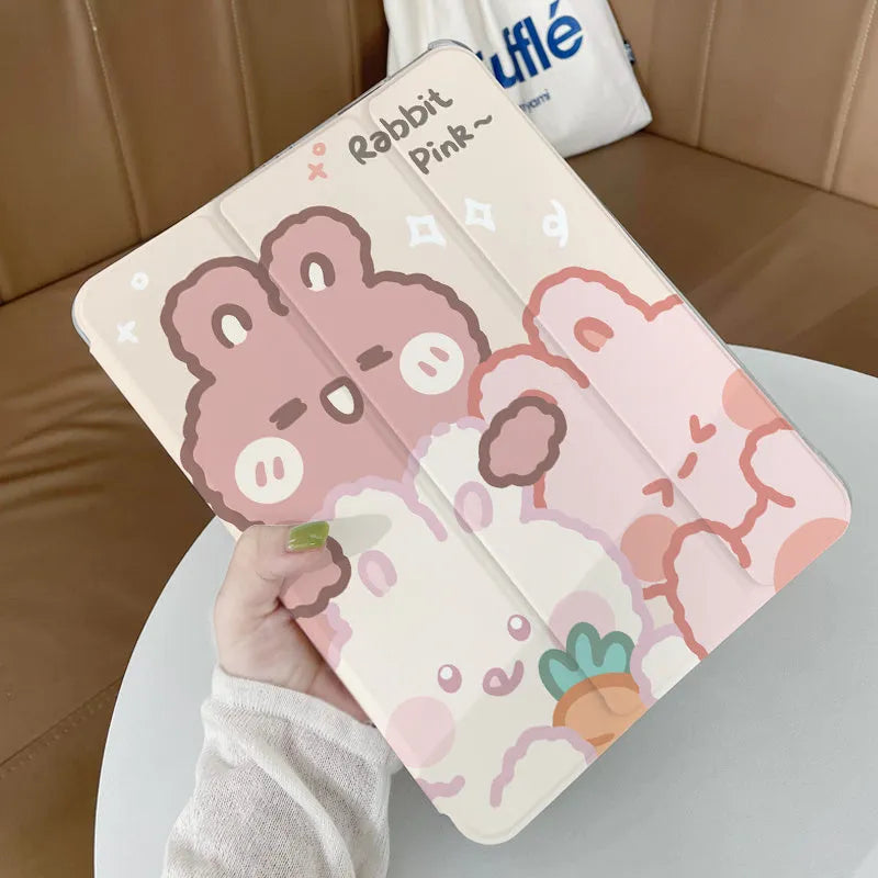A flat, tri-fold silicone protective case for an iPad, shown in a cartoon rabbit pattern.