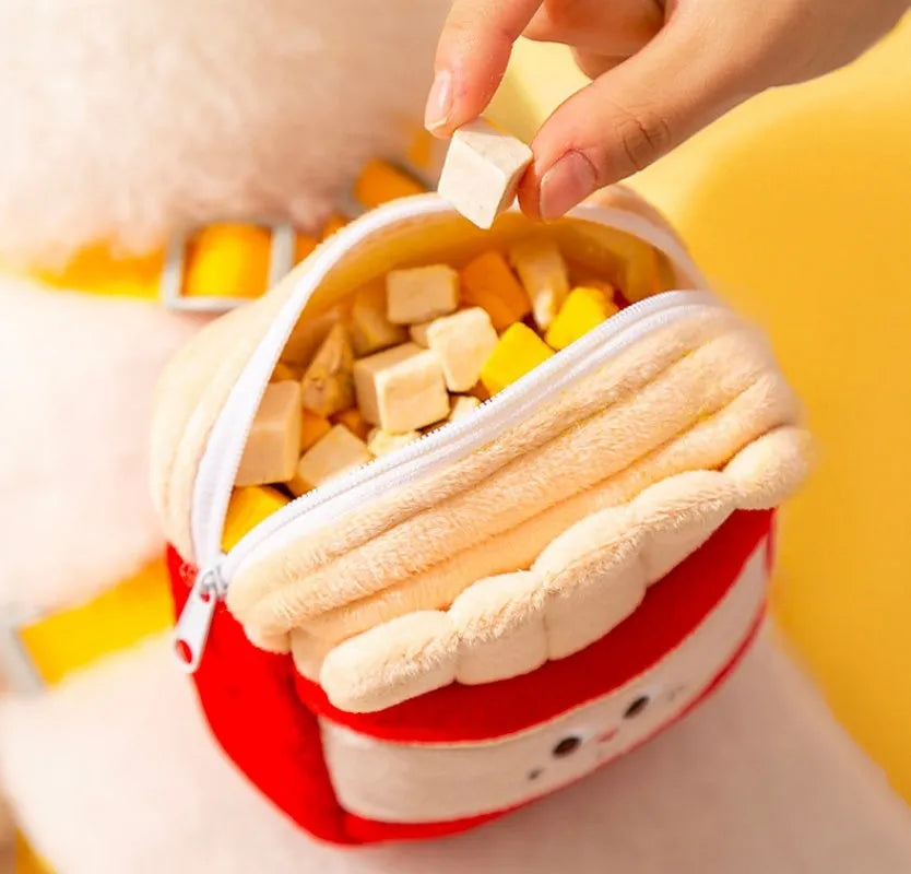 Cartoon hamburger design adjustable vest leash harness for a dog on a walk.