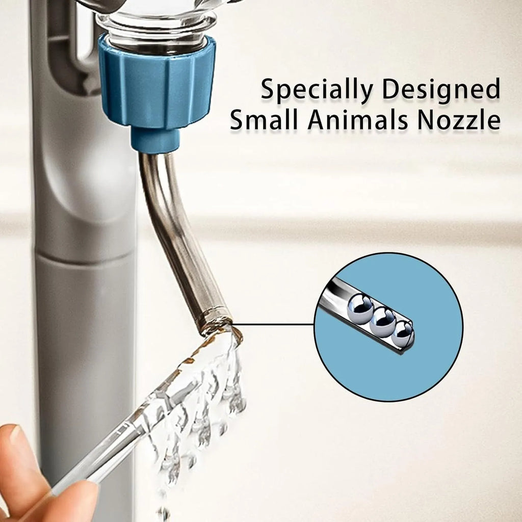 Blue small animal water bottle with rotatable nozzle mounted on cage bars