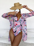 Women's floral pattern bikini three-piece swimsuit set with matching cover-up coat in polyester fabric