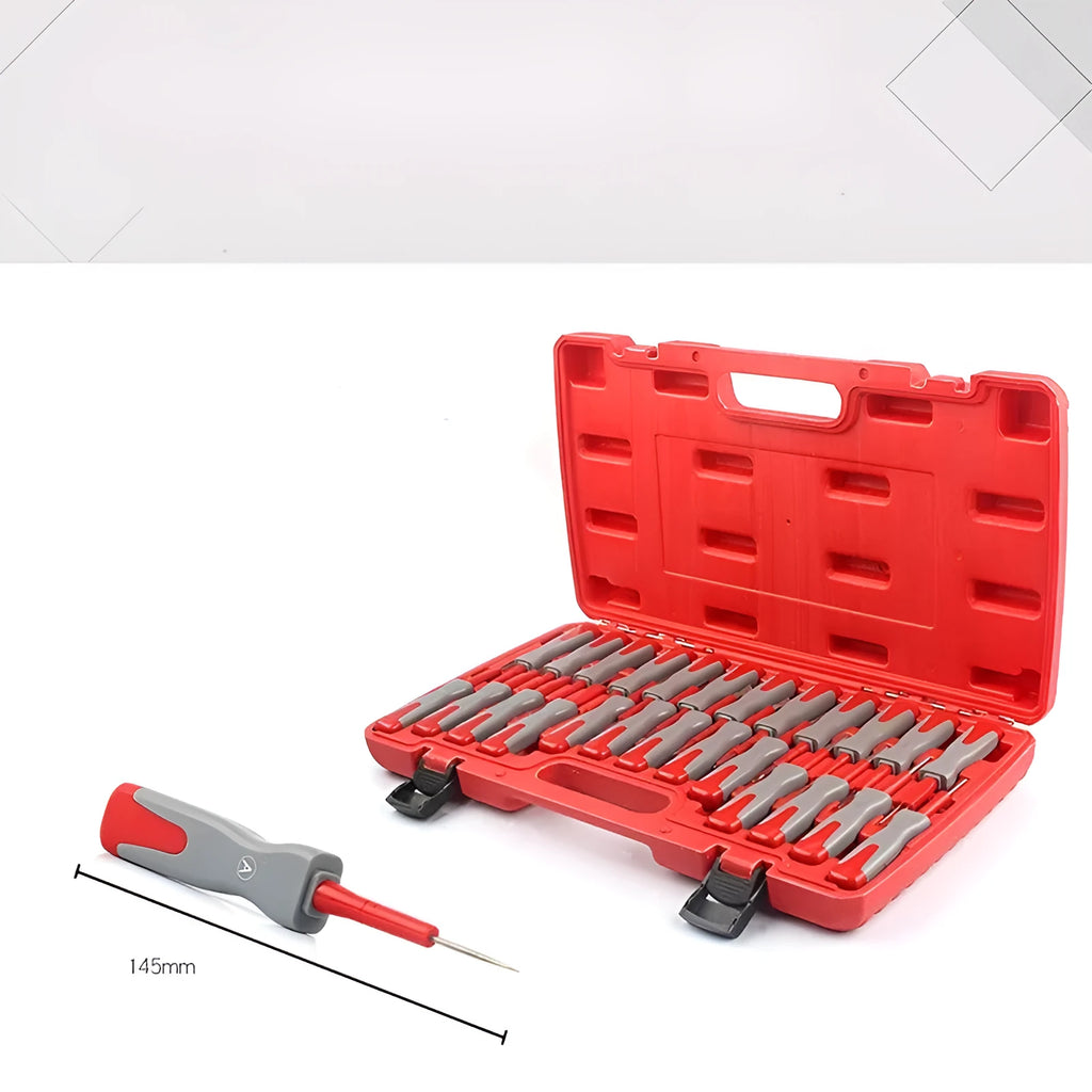 25-piece car terminal removal tool set with coloured keys in a black storage case for wire harness disassembly.