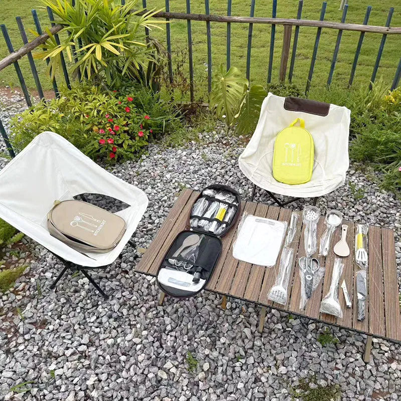 12-piece stainless steel picnic kitchenware set in storage bag