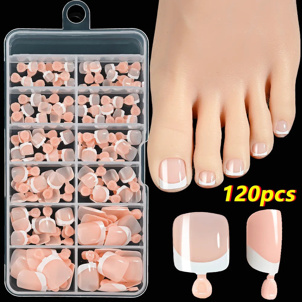 Box of 120 French white tip artificial toenails in nude colours, square short shape.