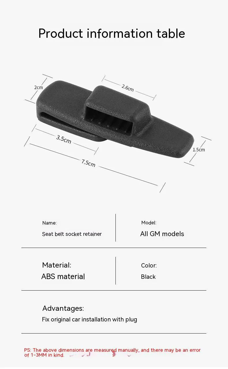 A pair of black plastic universal seat belt stopper clips on a car seat.