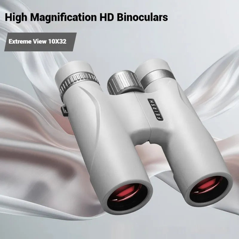 Compact blue or grey 10x32 binoculars with wine red film lenses on a plain background.