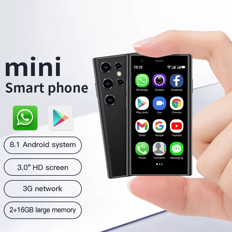 S23PRO XS15 mini smartphone in black, green, or pink purple with a 3-inch screen on a straight plate design.