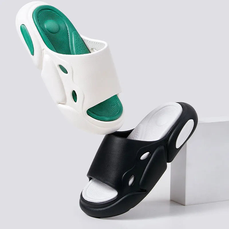 Pair of two-colour EVA slippers with a thick sole and leather lining, shown in available colour options.