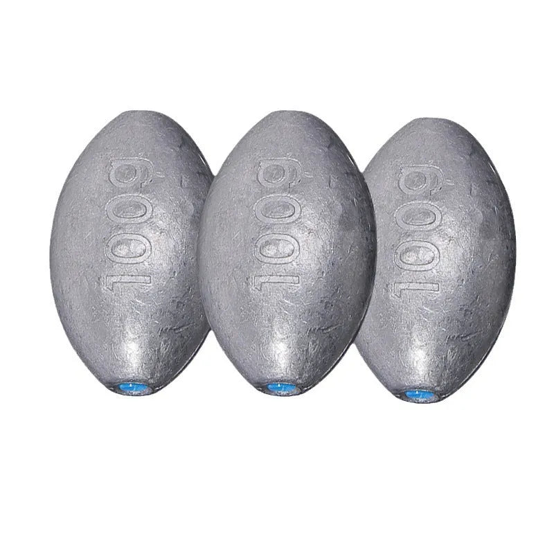 Olive rugby-shaped fishing sinker with scaled texture and plastic core in various weights from 10g to 150g