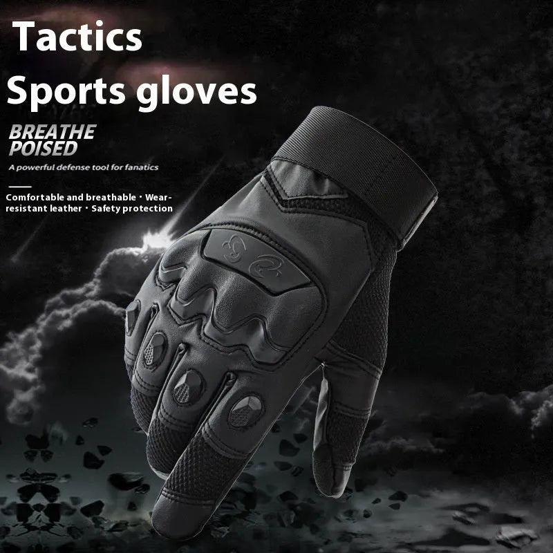 Men's tactical gloves in black, green, and yellow colours showing full finger design with touch screen compatible fingertips